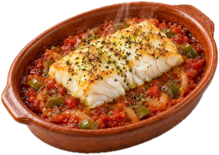 Lomo de bacalao al horno sobre sofrito de tomate en fuente de barro