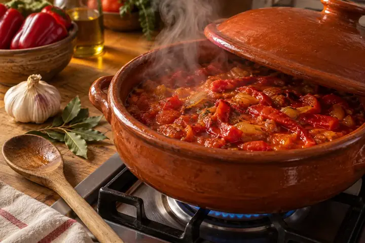 Cazuela de barro con guiso de pimientos al fuego en una cocina de casa, con ajo y laurel al lado