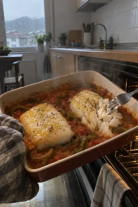 Fuente de bacalao con tomate y pimiento verde recién sacada del horno, con un tenedor abriendo el lomo en lascas