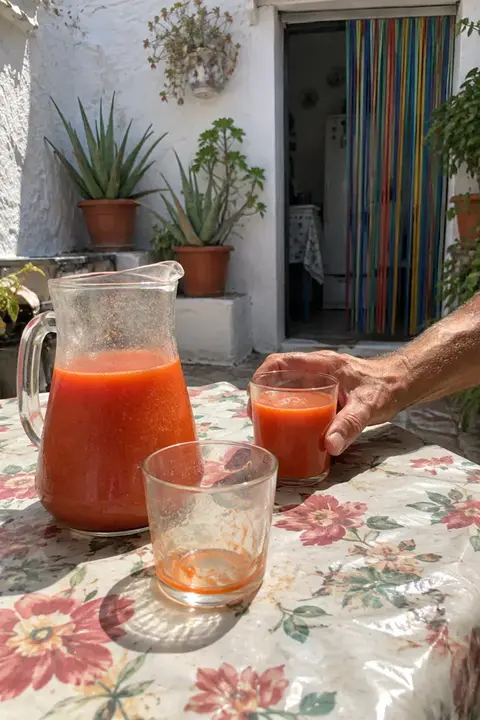 Jarra de gazpacho andaluz y dos vasos, uno ya vacío, en una mesa con hule de flores en un patio encalado