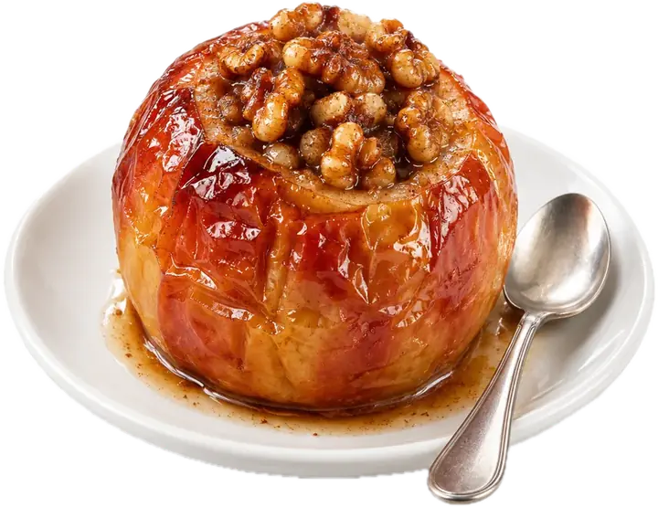 Manzana asada rellena de nueces y canela en su jugo