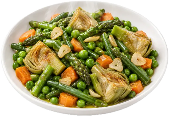 Menestra de verduras con alcachofas, judías verdes, guisantes y zanahoria