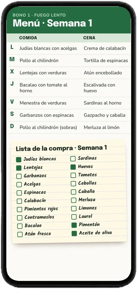 Menú de la semana 1 abierto en un móvil: comidas y cenas de lunes a domingo y la lista de la compra