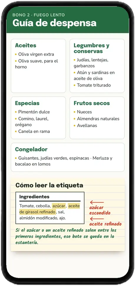 Guía de despensa abierta en un móvil: aceites, legumbres y conservas, especias, frutos secos, congelador y cómo leer la etiqueta