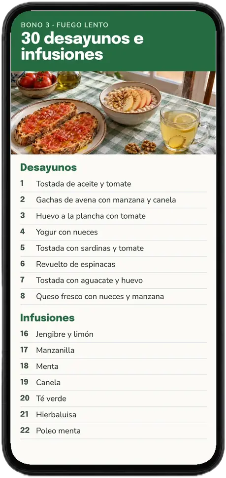 Índice de los 30 desayunos e infusiones abierto en un móvil